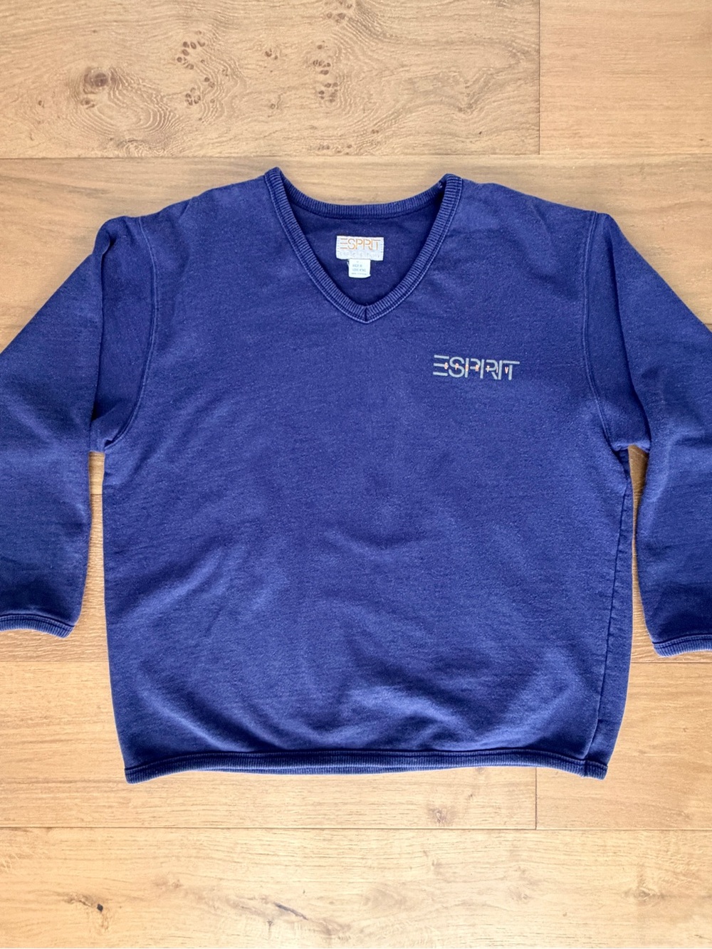 VTG 80s Esprit Logo Sweatshirt V-Neck Printed Pullover Navy Blue Wms Med Sportif